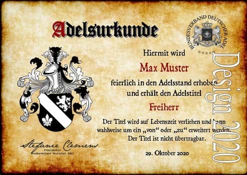 Adelstitel, Geschenke, Geschenkideen, Adelsbrief, Adelsdiplom, Urkunde, Zertifikat